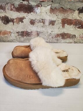 UGG Womens Sz 4 Suede Shearling Fur Lined Slip On Slippers Chestnut Cream